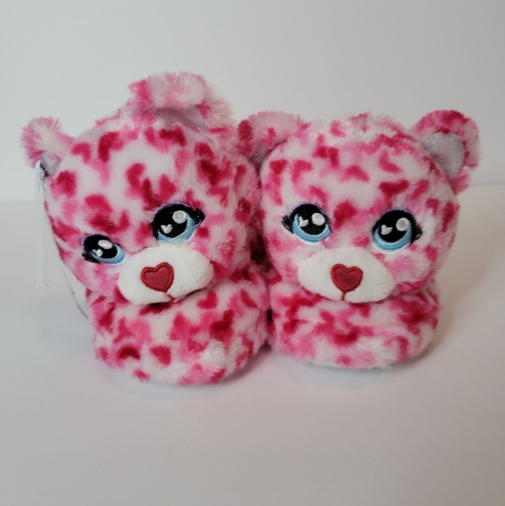 Build A Bear Girls Slippers Cat Kitten Size S 10/11 Pink Red Hearts Rubber Sole